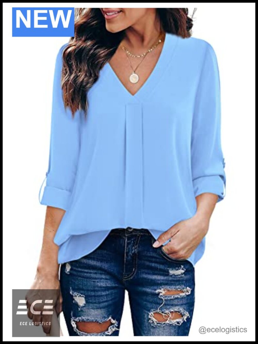 Womens Business Casual Tunic Top Cuffed 3/4 Sleeve V Neck Chiffon Blouse